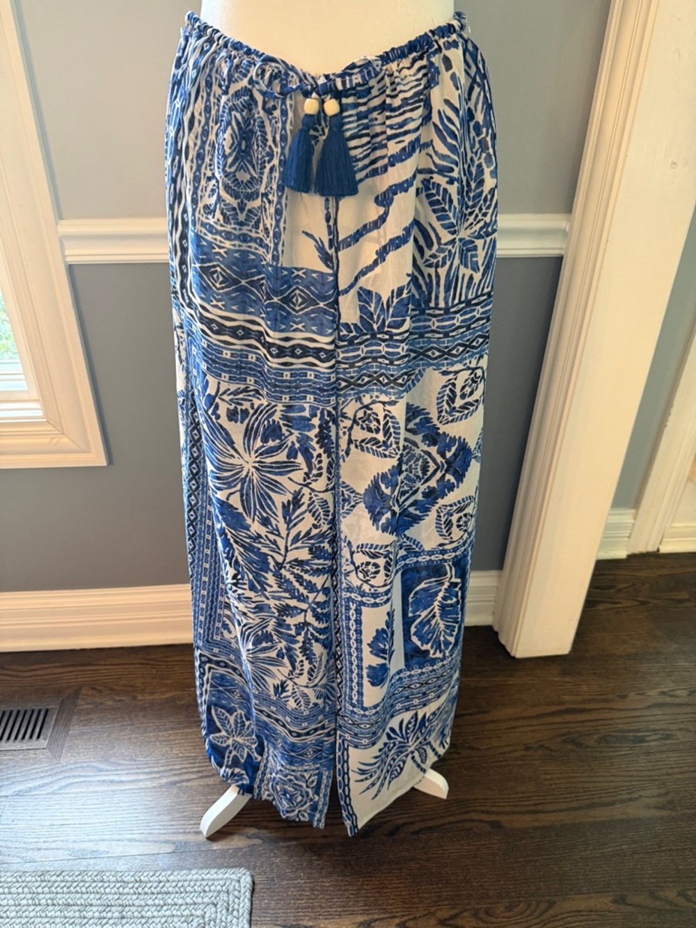 Blue & White Floral Tie-Waist Swim Coverup Pants